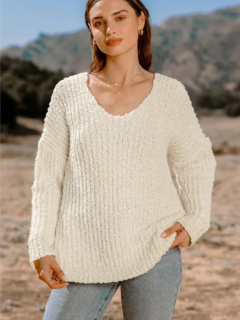 NWT Cupshe Cream V-Neck Textured Knit Beachy Sweater